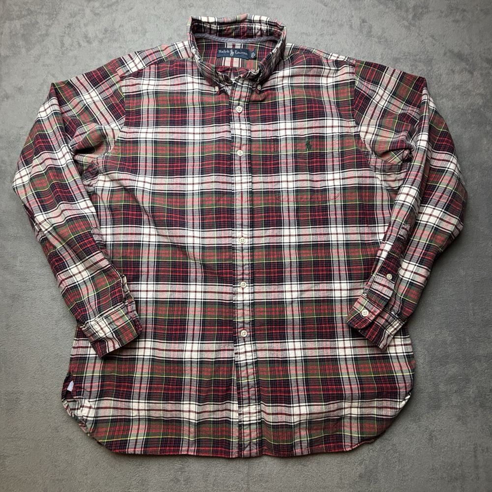 Ralph Lauren Shirt Men's‎ Large Red Green Plaid  Button-Down Pony Linen